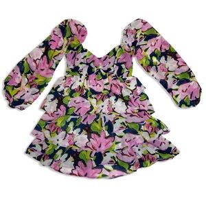 Abercrombie Women's Long-Sleeve Ruffle Tiered Mini Dress Navy Blue Floral Med T